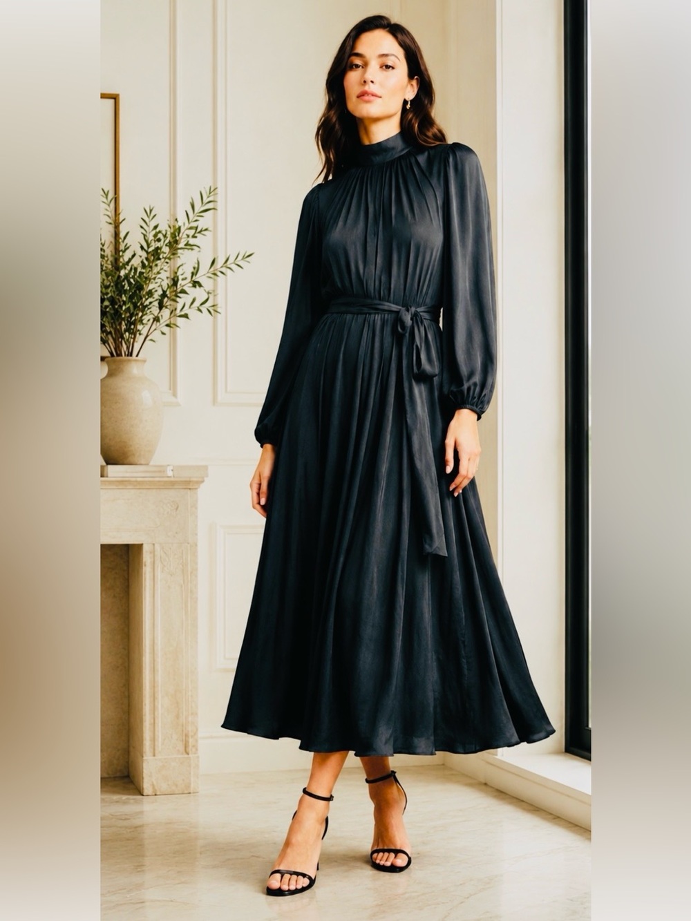 Elegant Banana Republic Black Long-Sleeve Dress with Self Tie Belt. Size XL.